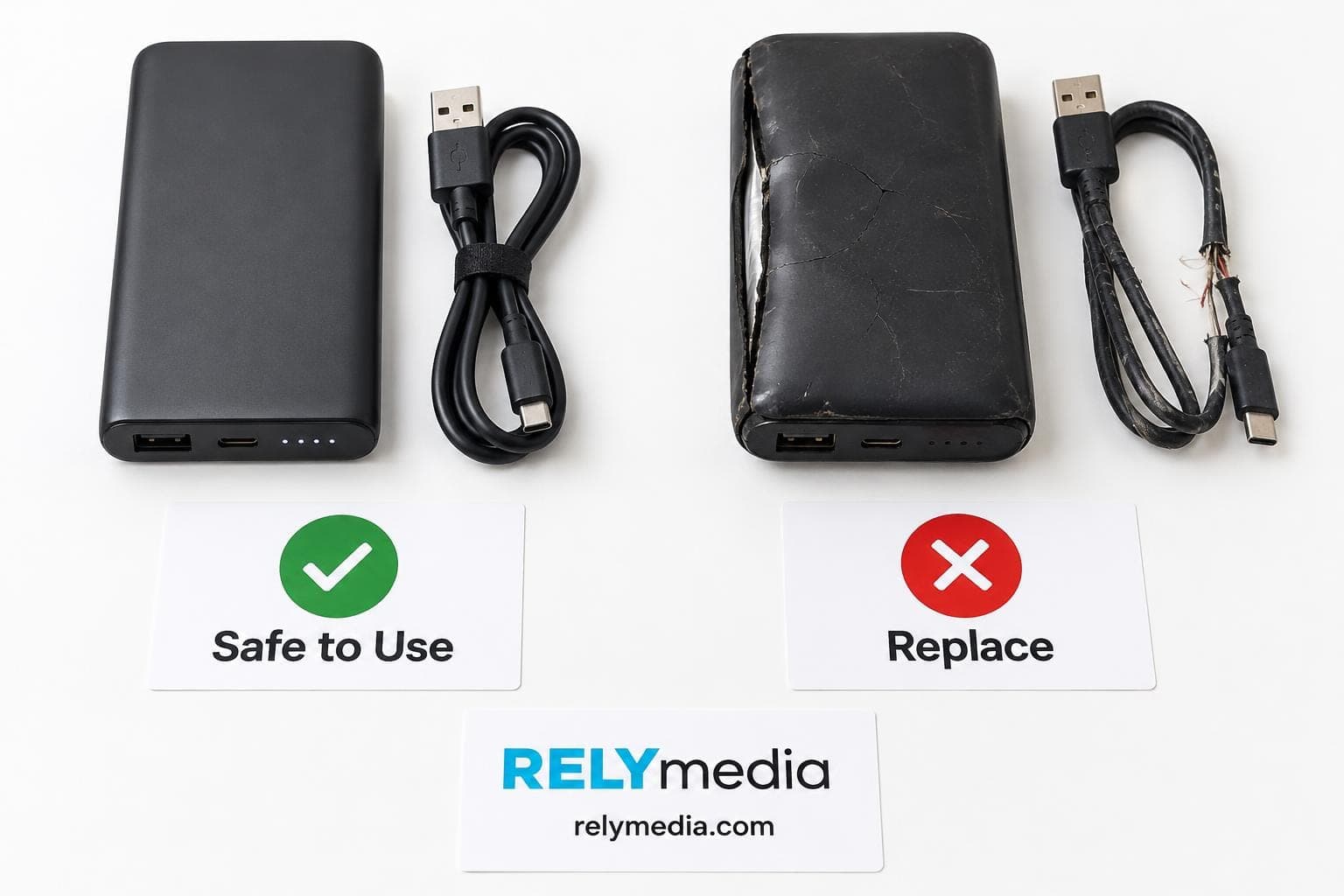 Flat lay of safe and damaged power banks and cables