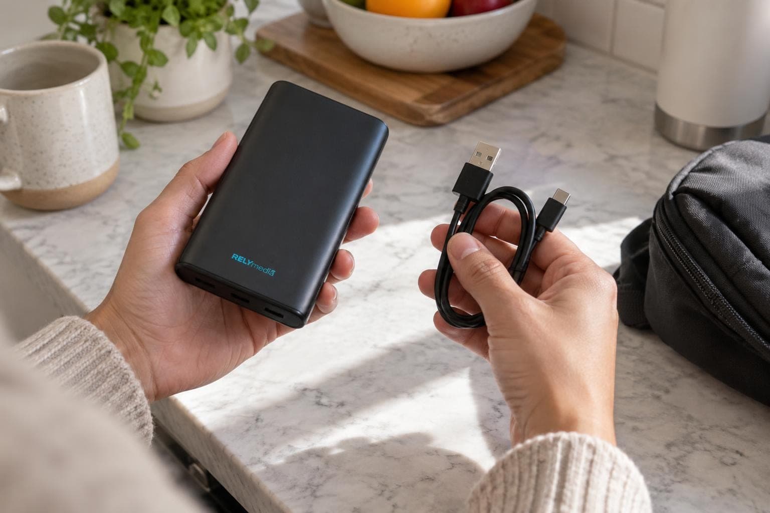 Person inspecting a power bank before use