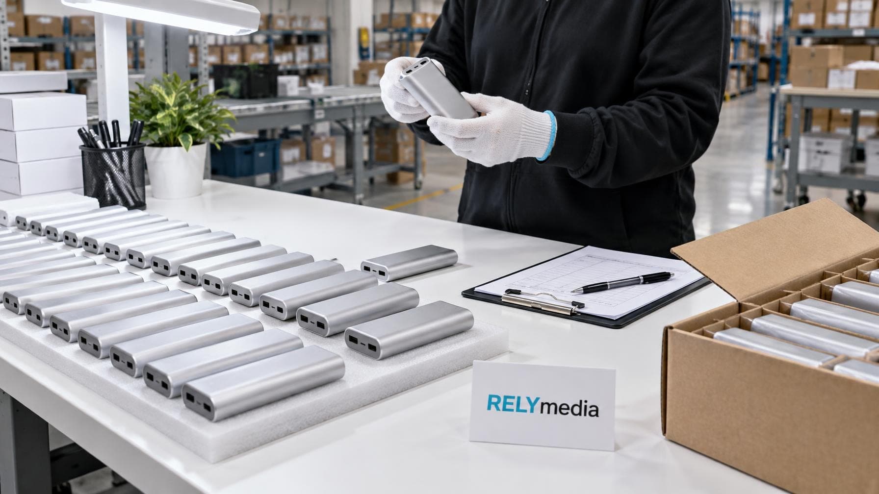 Power banks lined up at a quality control testing station