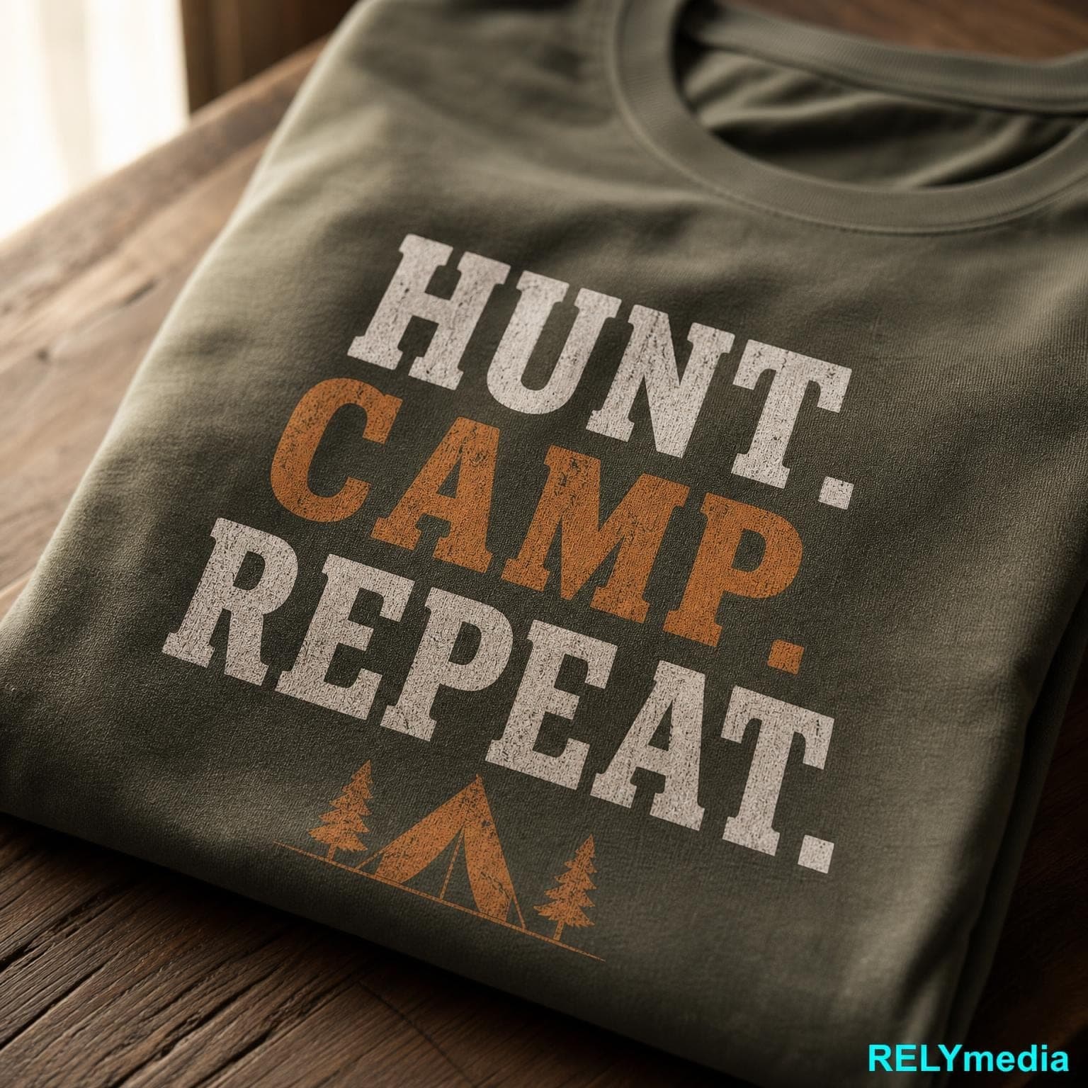 Close-up of a funny hunting quote printed on a camp shirt
