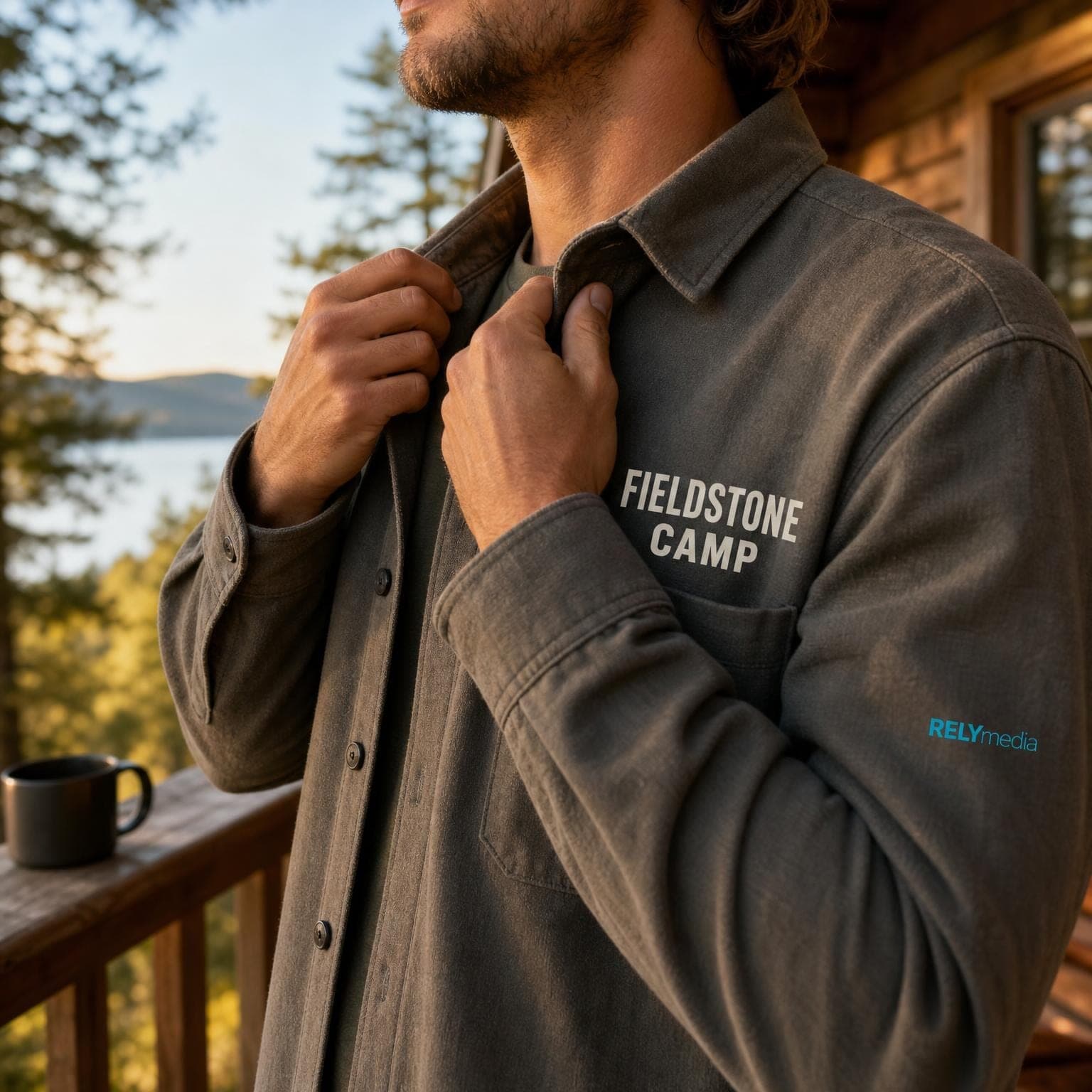 Hunter wearing a custom hunt camp shirt in the woods
