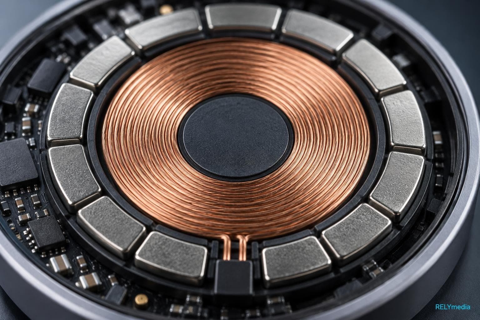 Close-up of a wireless charger's magnet ring and copper coil
