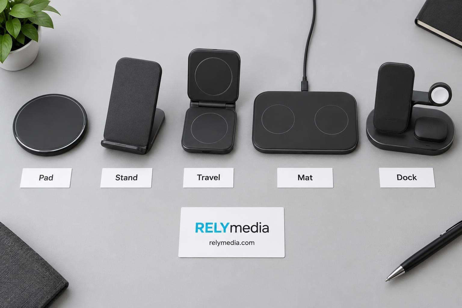 Flat lay of wireless charging pads, stands and docks