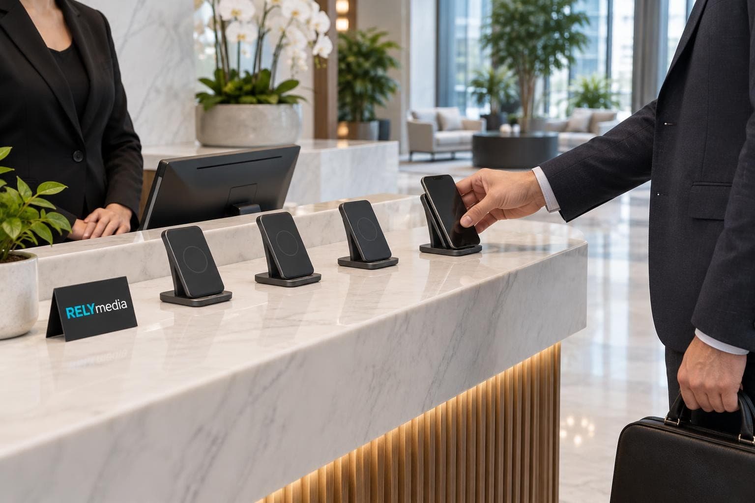 Wireless charger on a reception desk