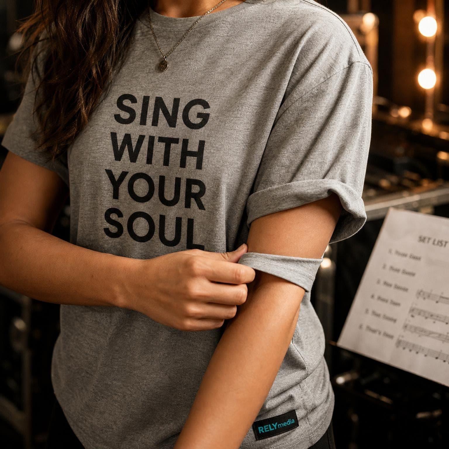 Singer wearing a custom a cappella group concert tee