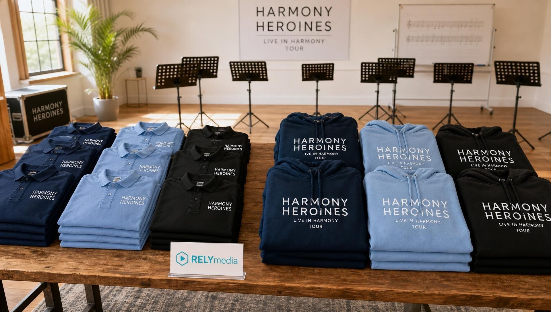 Vocal ensemble in coordinated custom apparel at a concert merch display