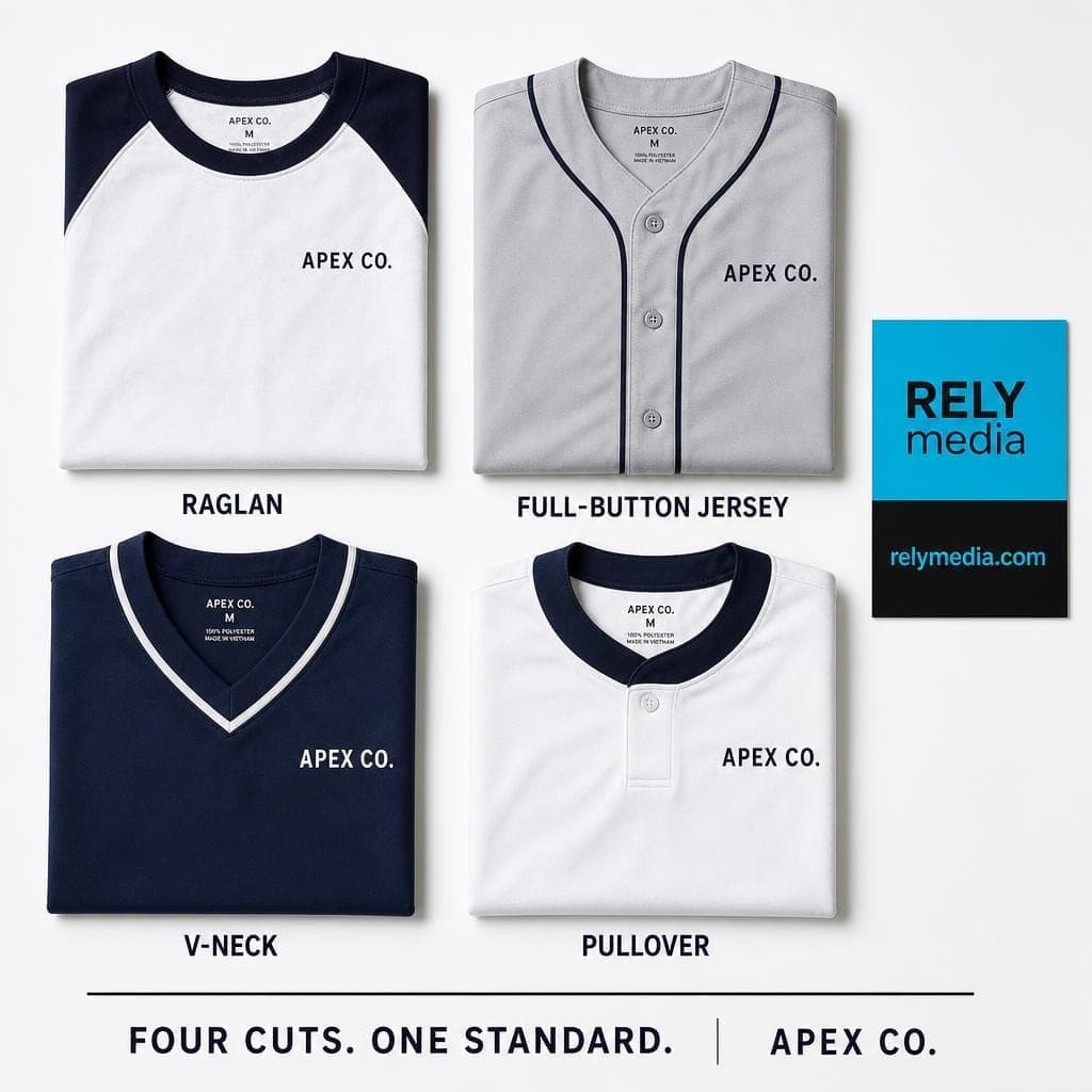 Flat lay of custom baseball shirt styles and cuts
