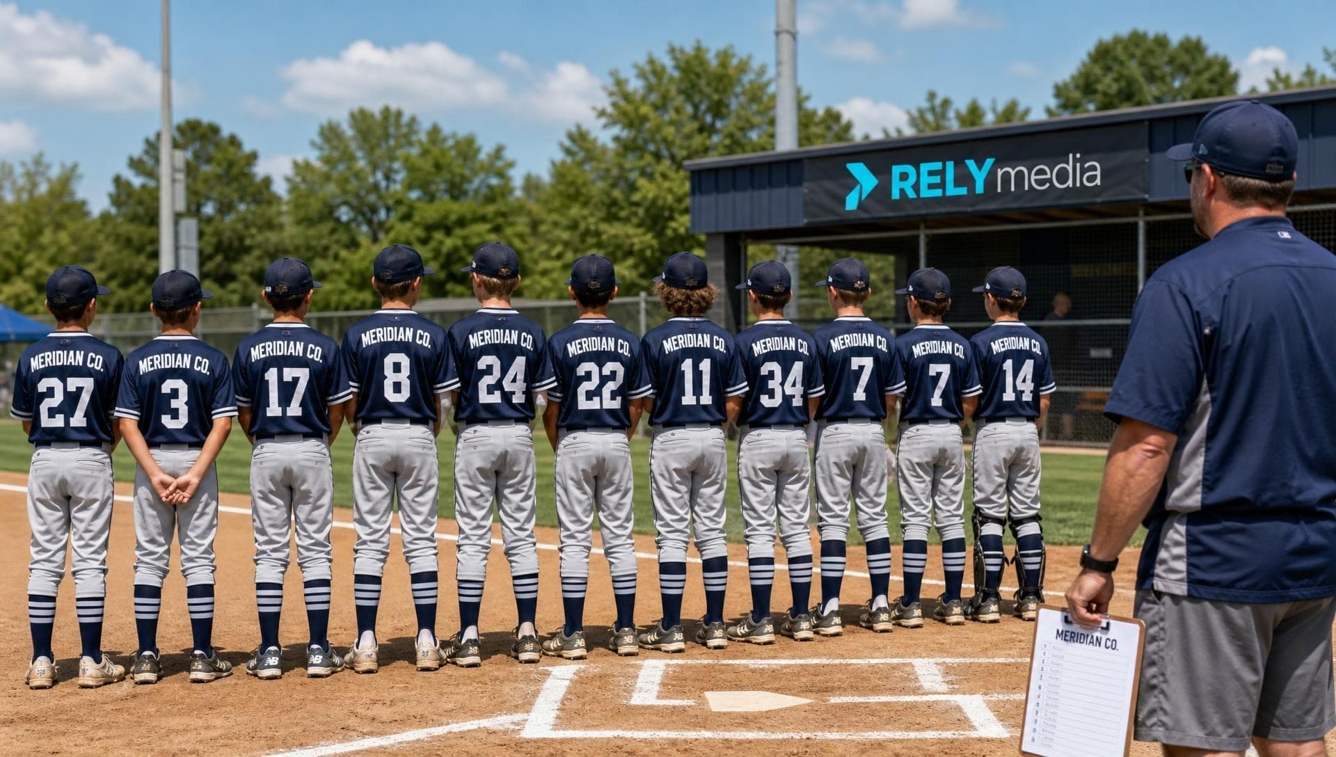 Baseball team photo in matching custom shirts
