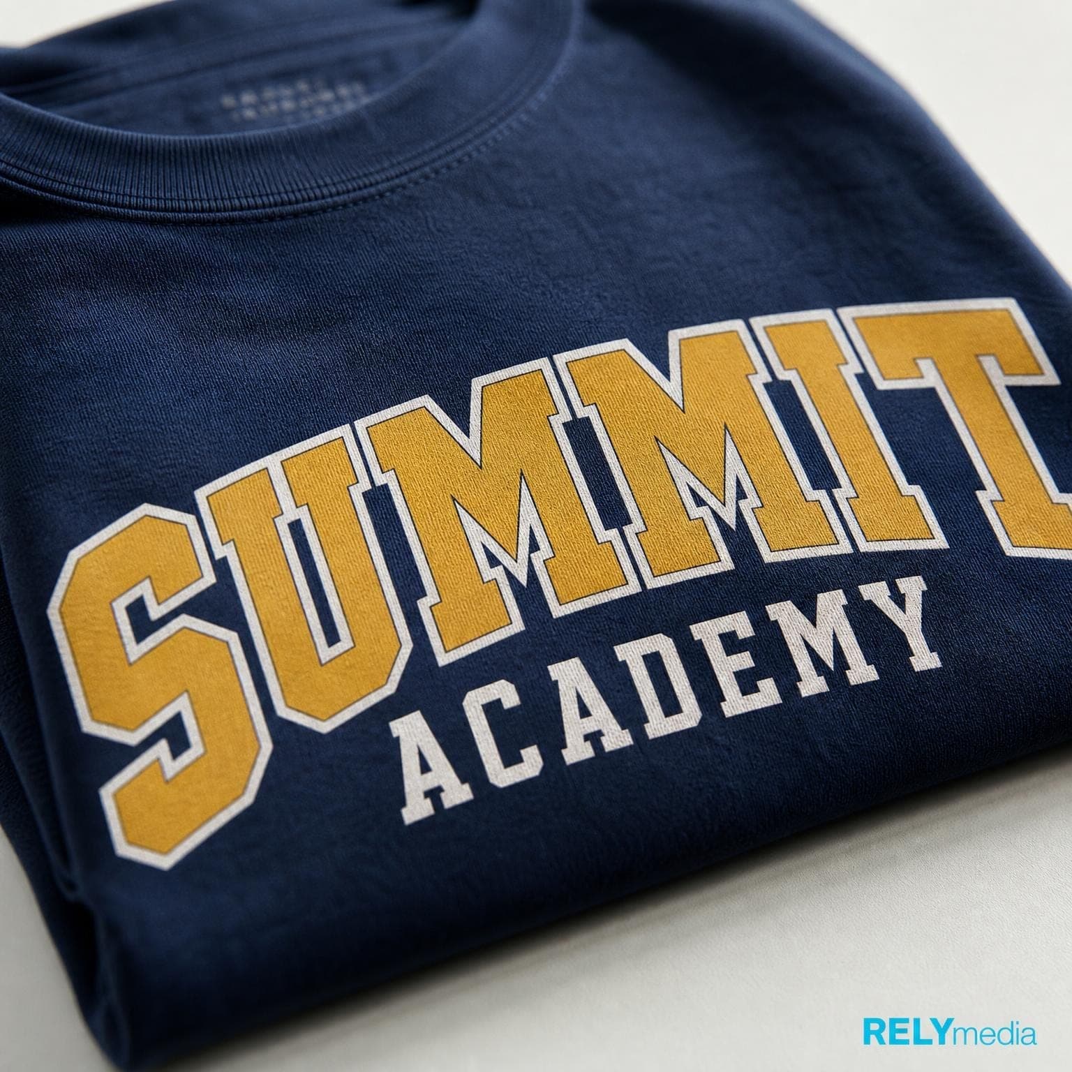 Close-up of varsity lettering printed on a school spirit shirt