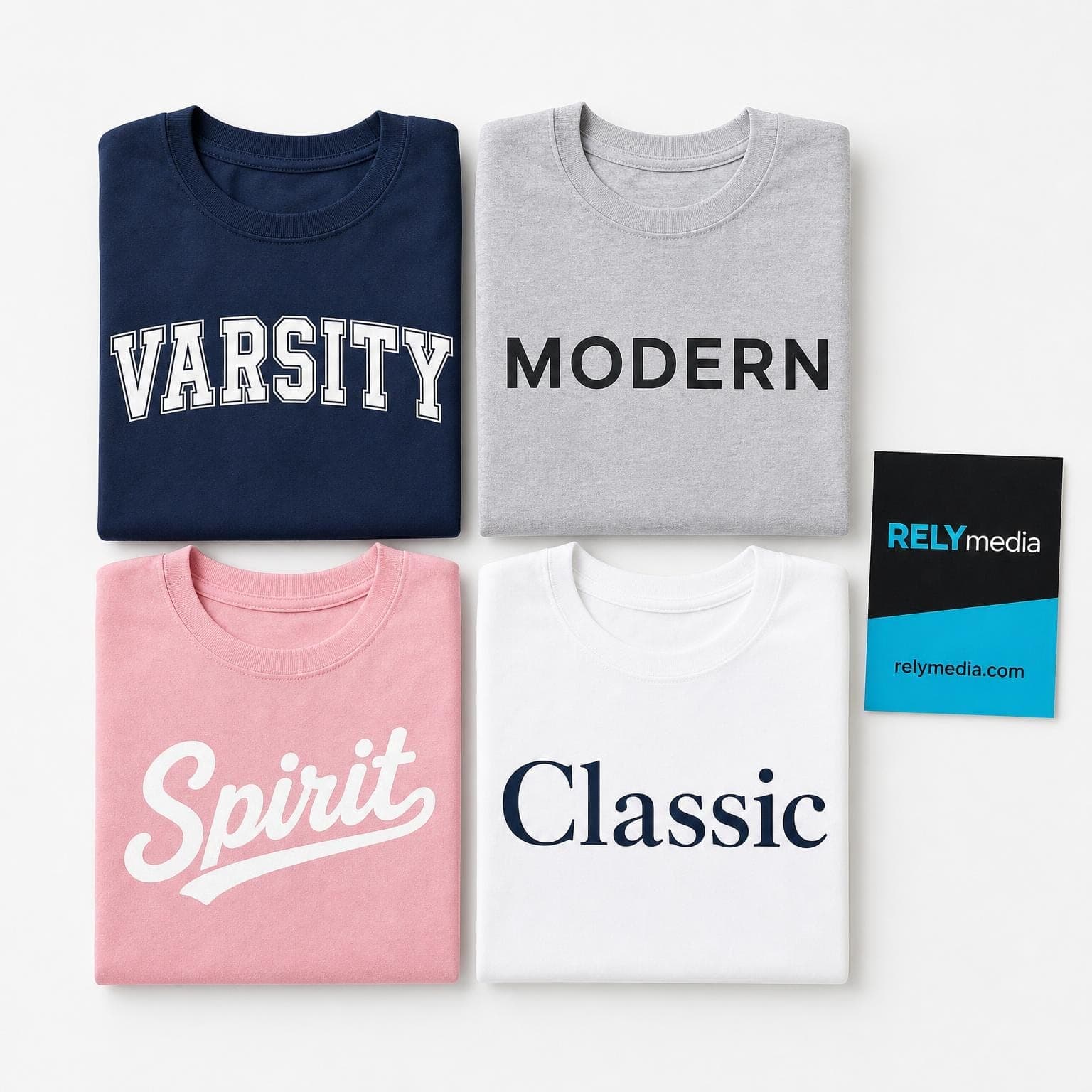 Flat lay of school t-shirt font samples across serif, sans serif and script categories