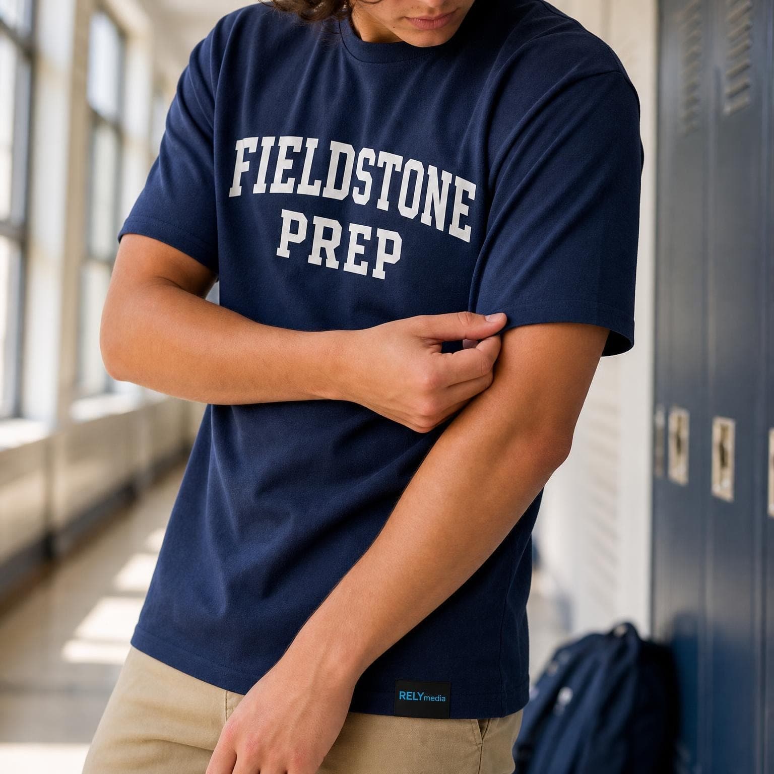 Student wearing a custom school spirit t-shirt with bold typography