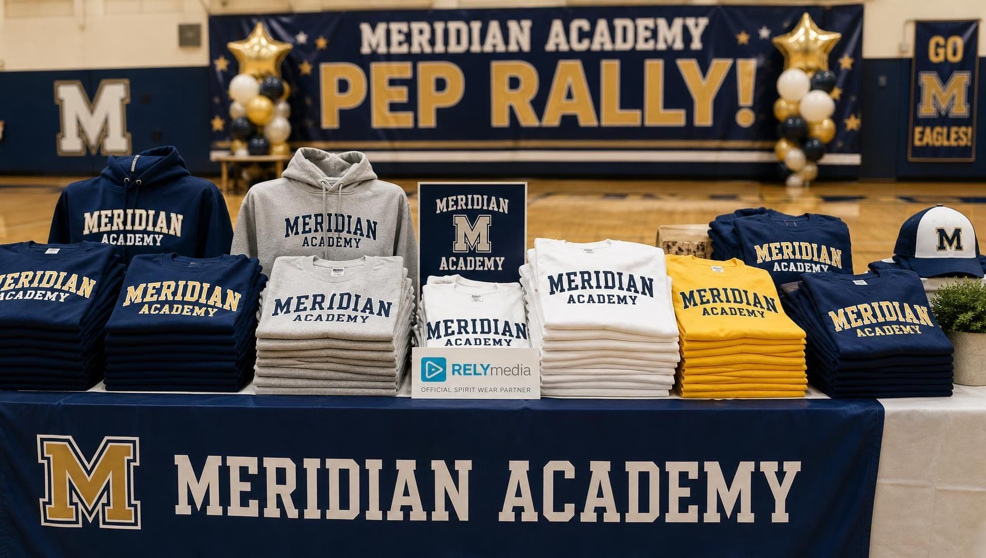 School spirit store display of branded apparel and merchandise