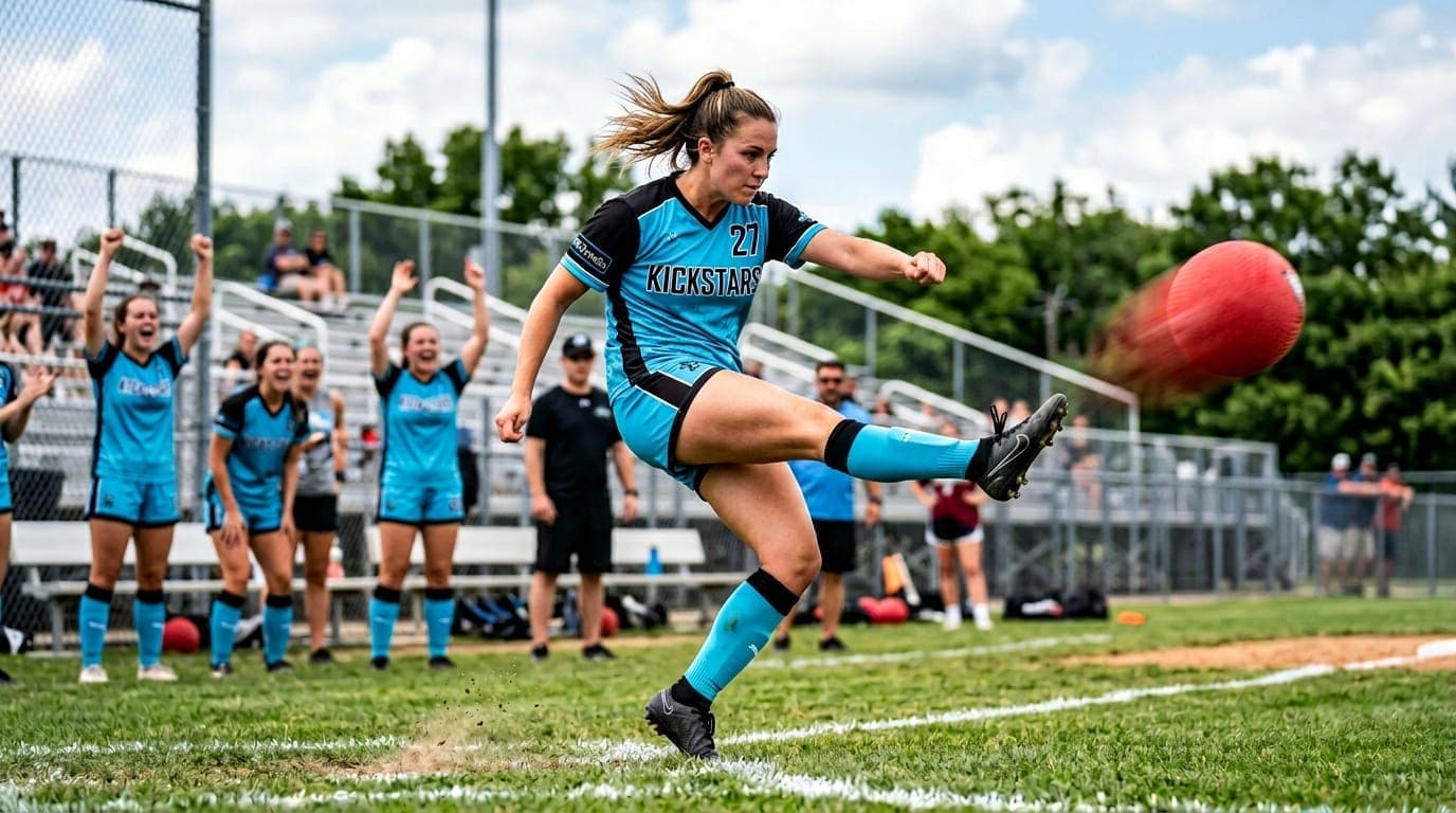 Kickball team names by league type — action on field