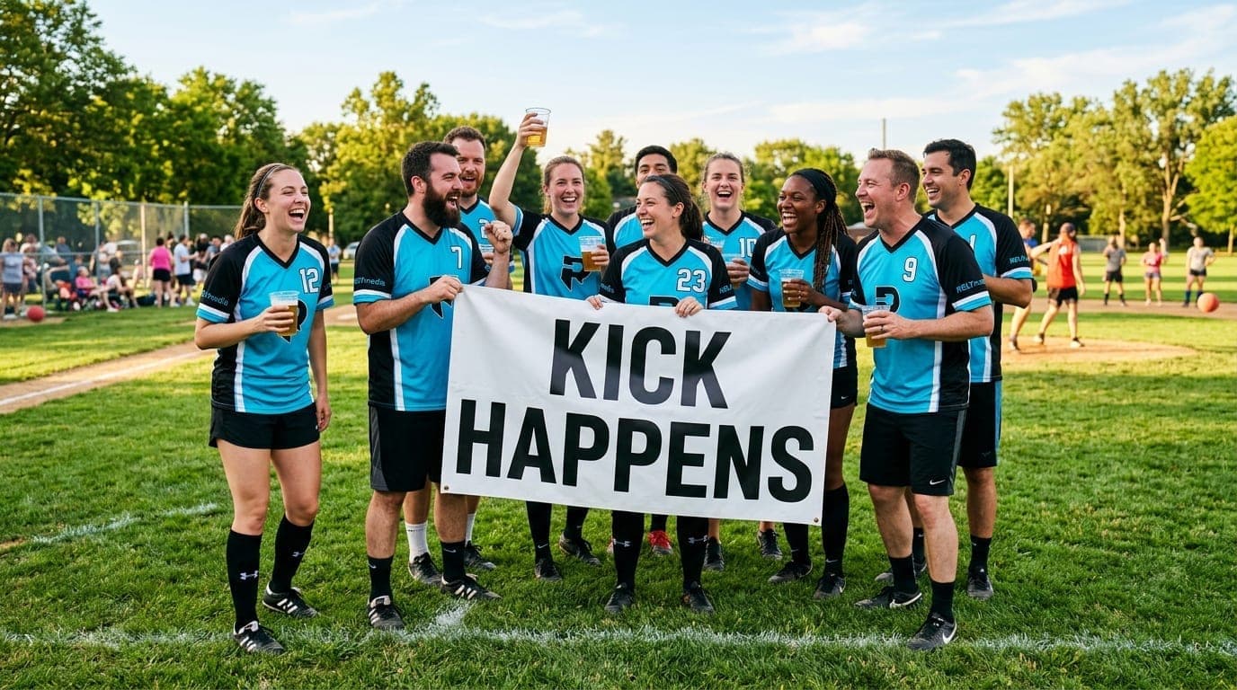 Funny kickball team names — squad laughing on field