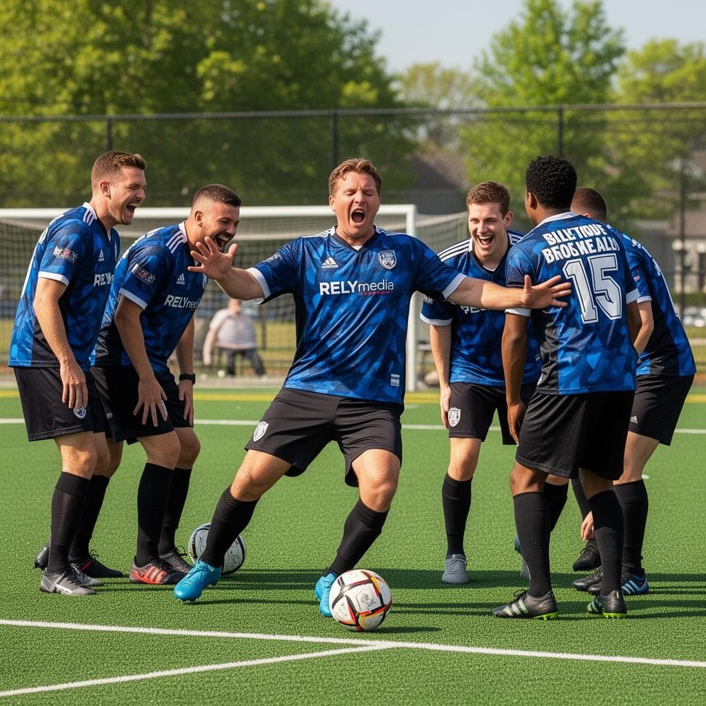 Funny soccer team names — squad laughing on the pitch