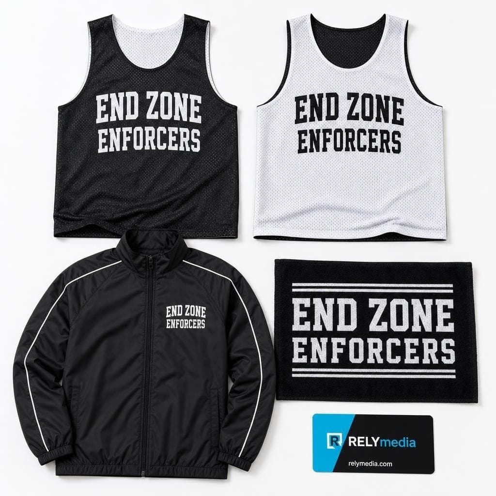 Flat lay of custom football gear — jersey, jacket, and accessories