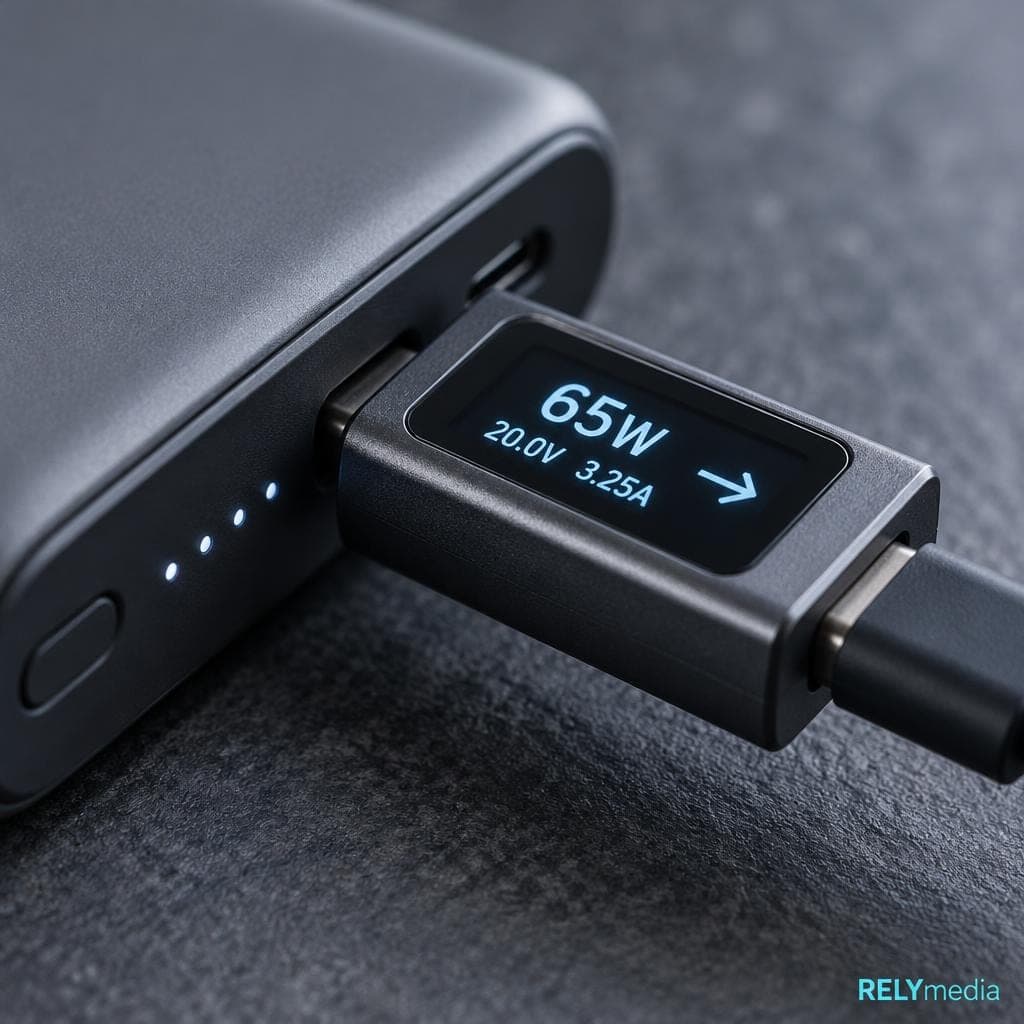 Close-up of a USB meter measuring power bank output