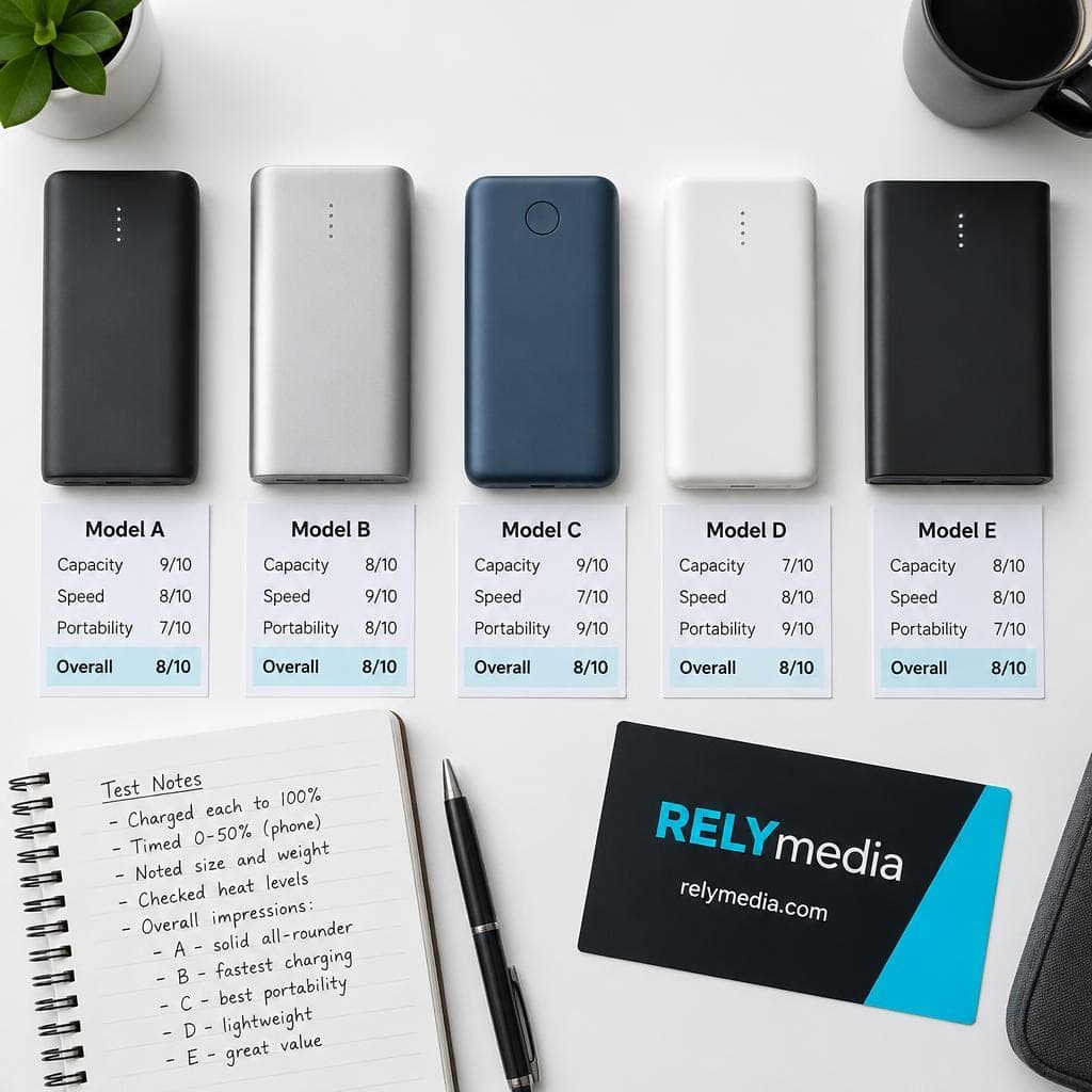 Flat lay of power banks beside test scorecards