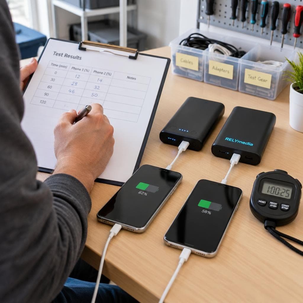 Tester's desk with power banks charging several devices