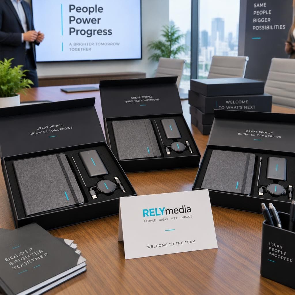 Employee onboarding kits with power banks laid out on a table
