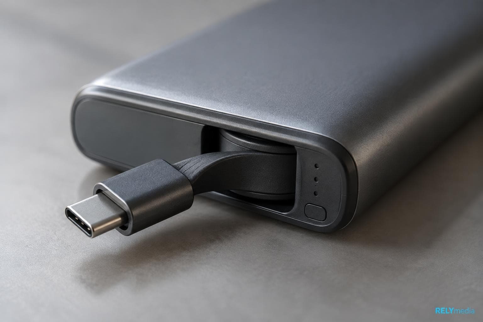 Close-up of a power bank with a retractable USB-C cable
