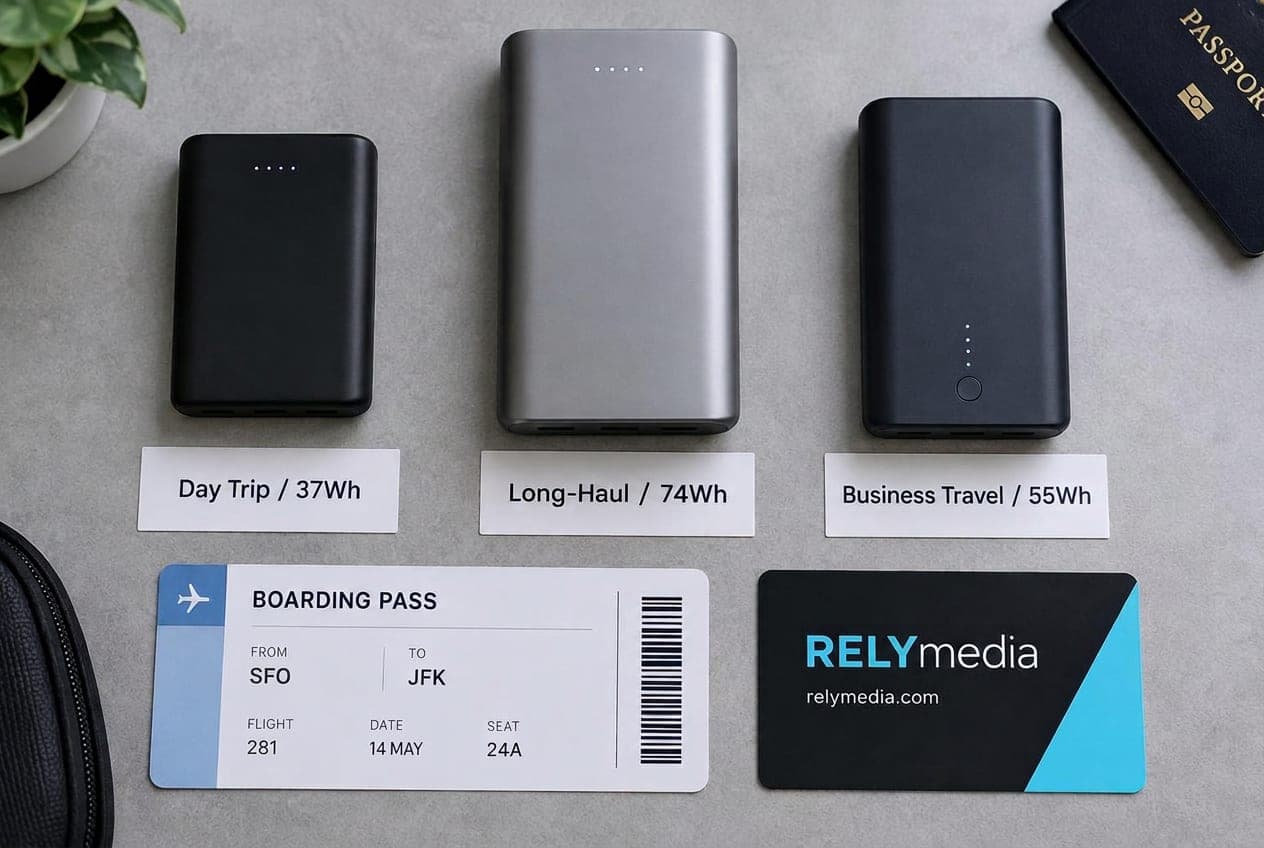 Flat lay of power banks and travel gear for different trips