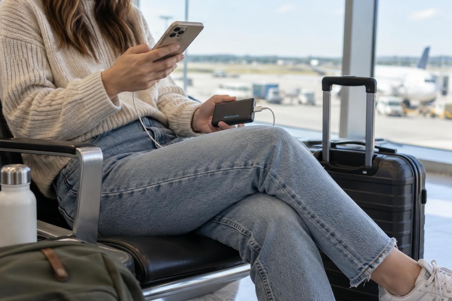 Traveler using a power bank at an airport gate