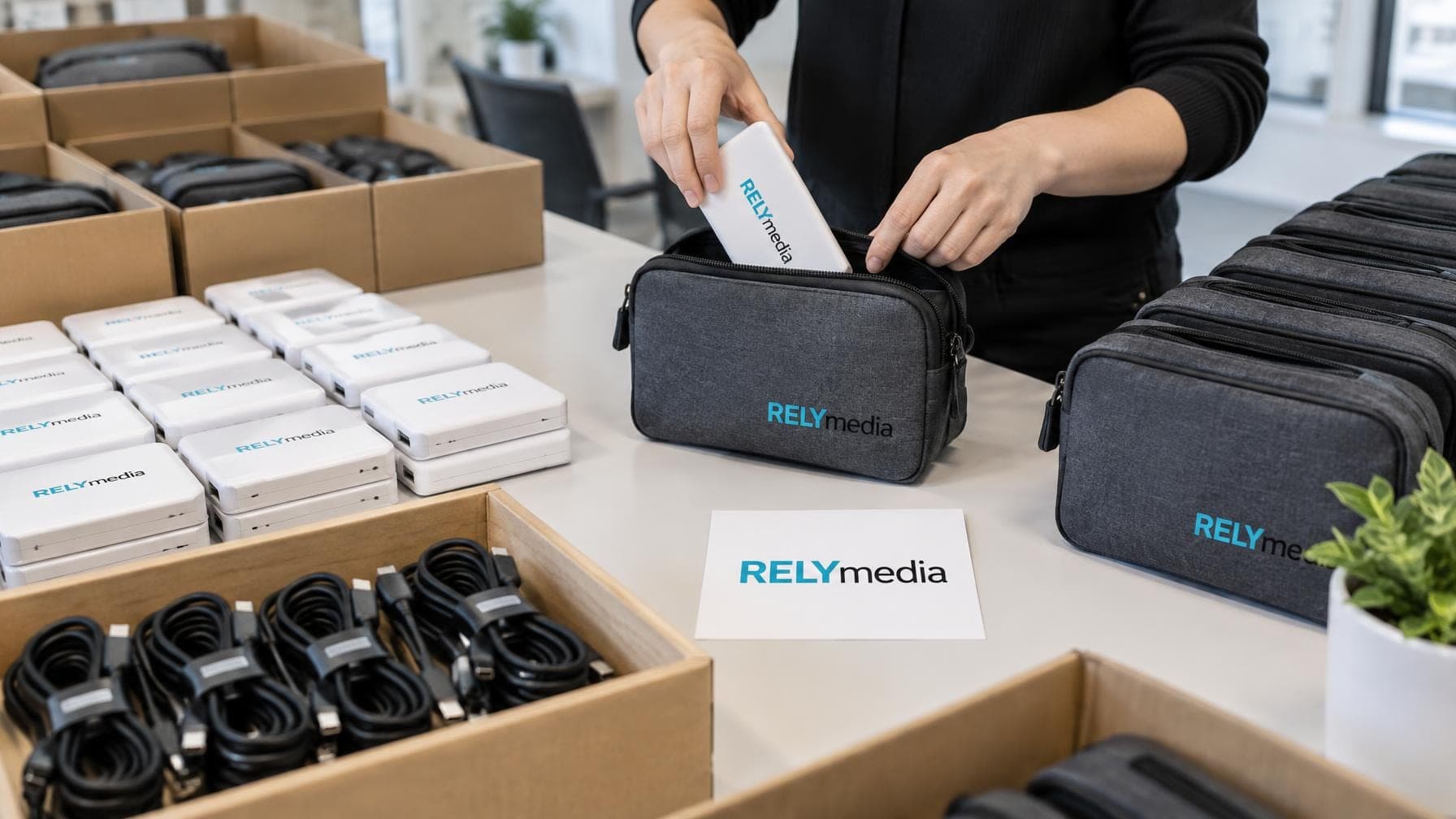 Travel kits with power banks laid out on a table