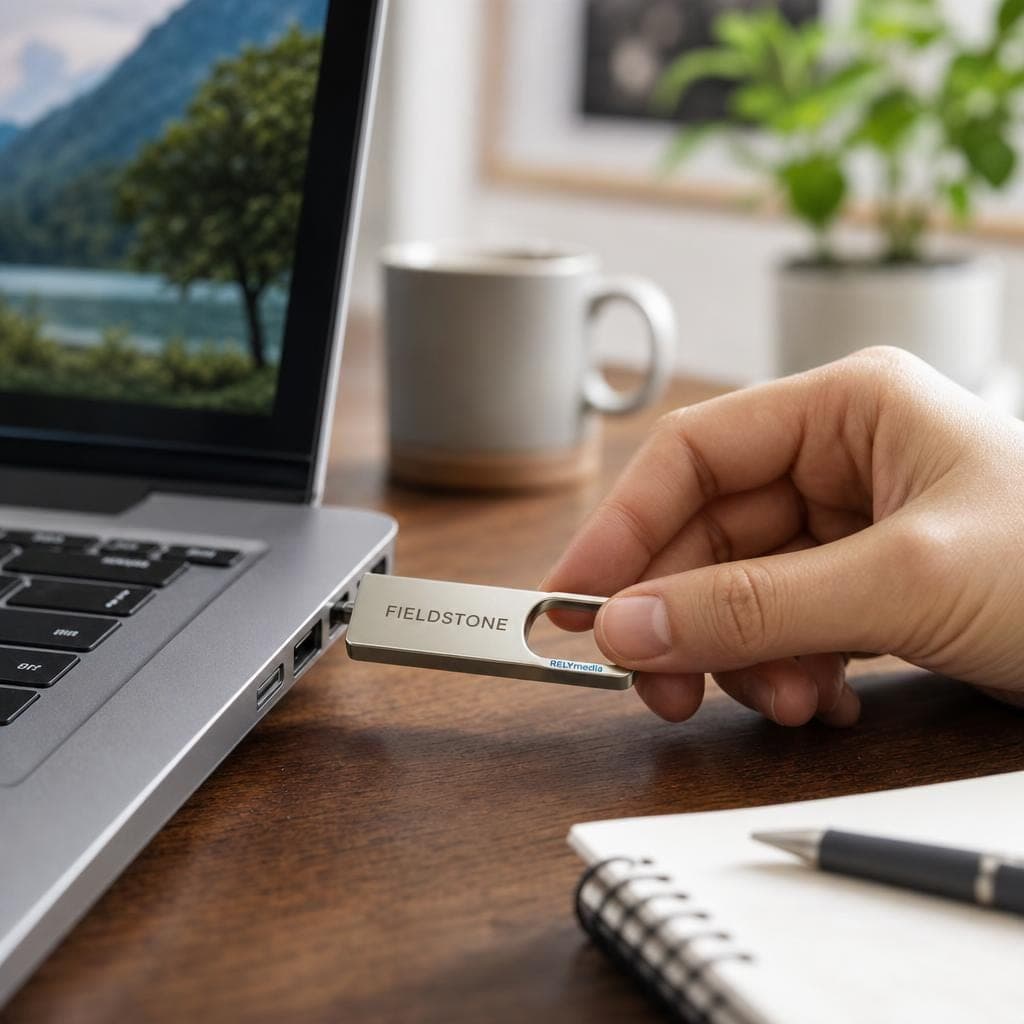 Person plugging a USB flash drive into a laptop