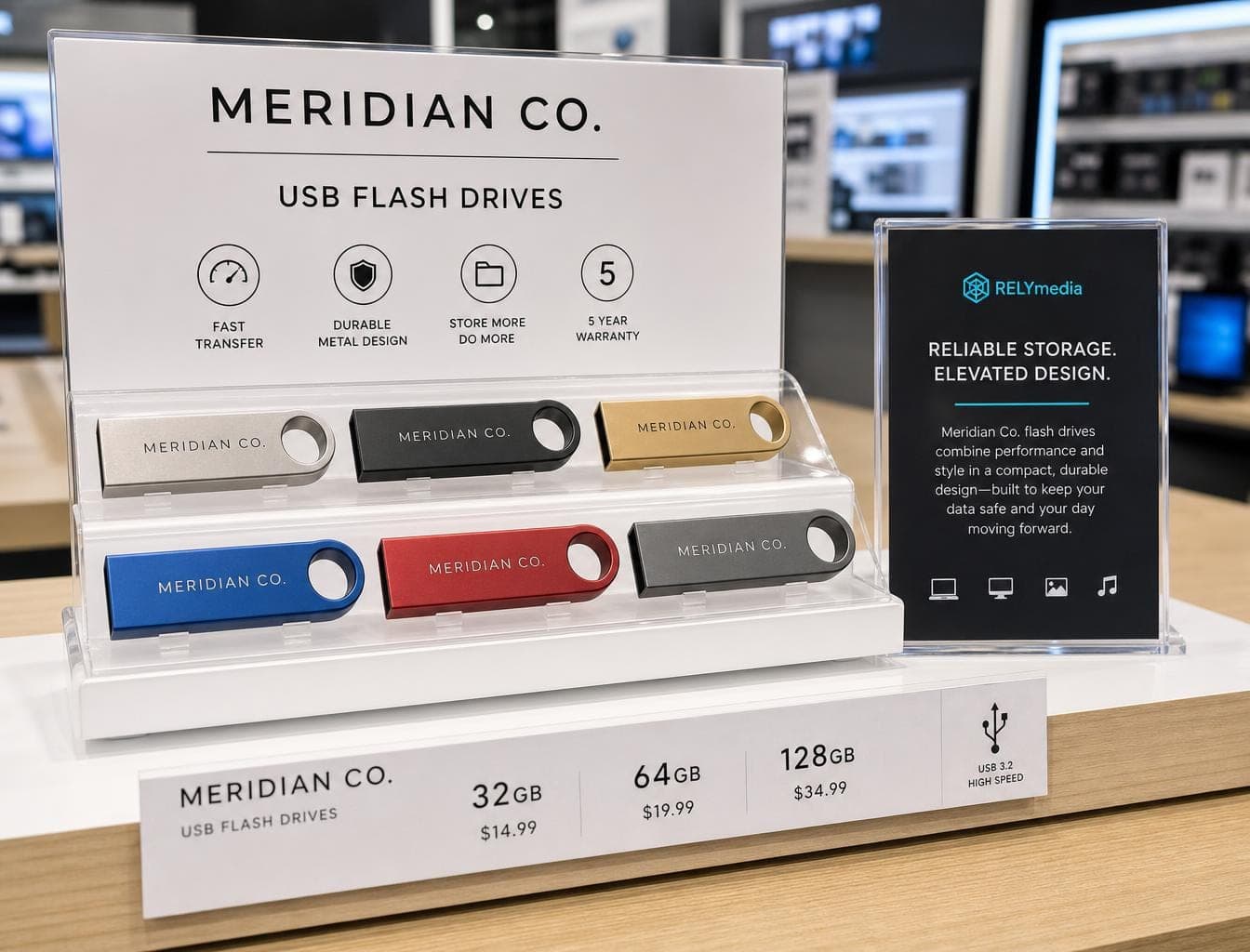 Retail display of branded USB flash drives