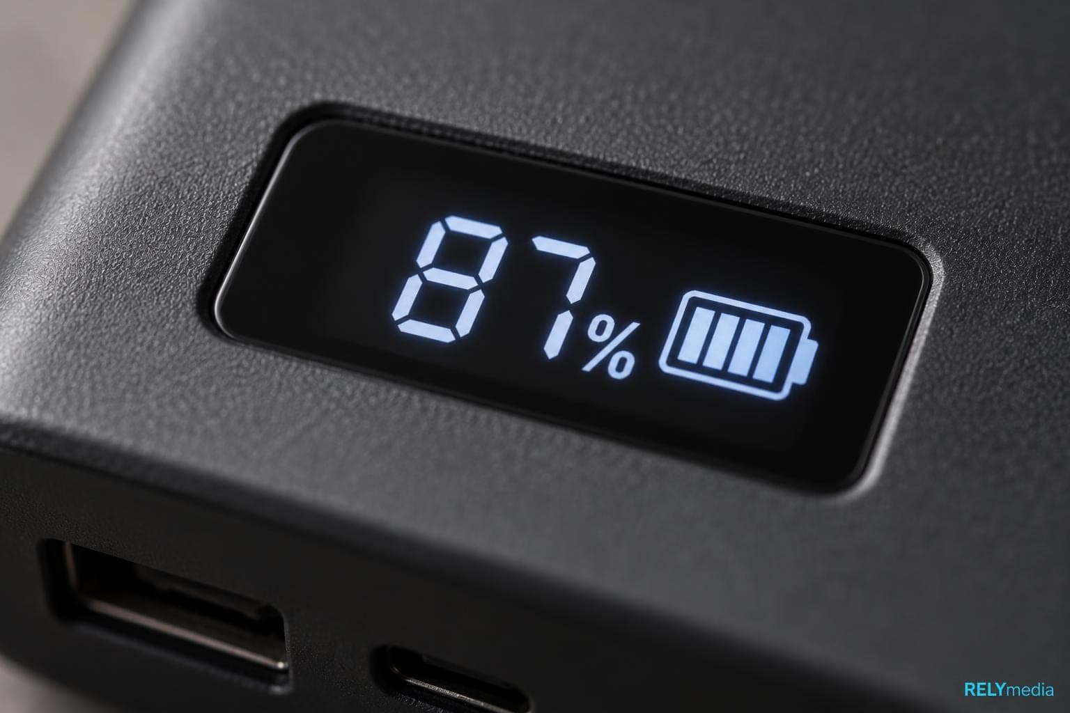 Close-up of a power bank's LED display