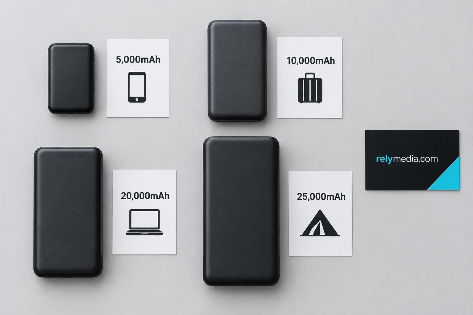 Power banks of different capacities laid out in a grid