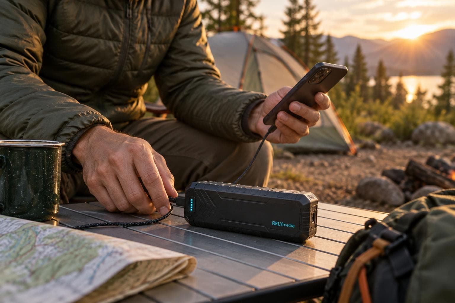 Portable power station charging devices at a campsite