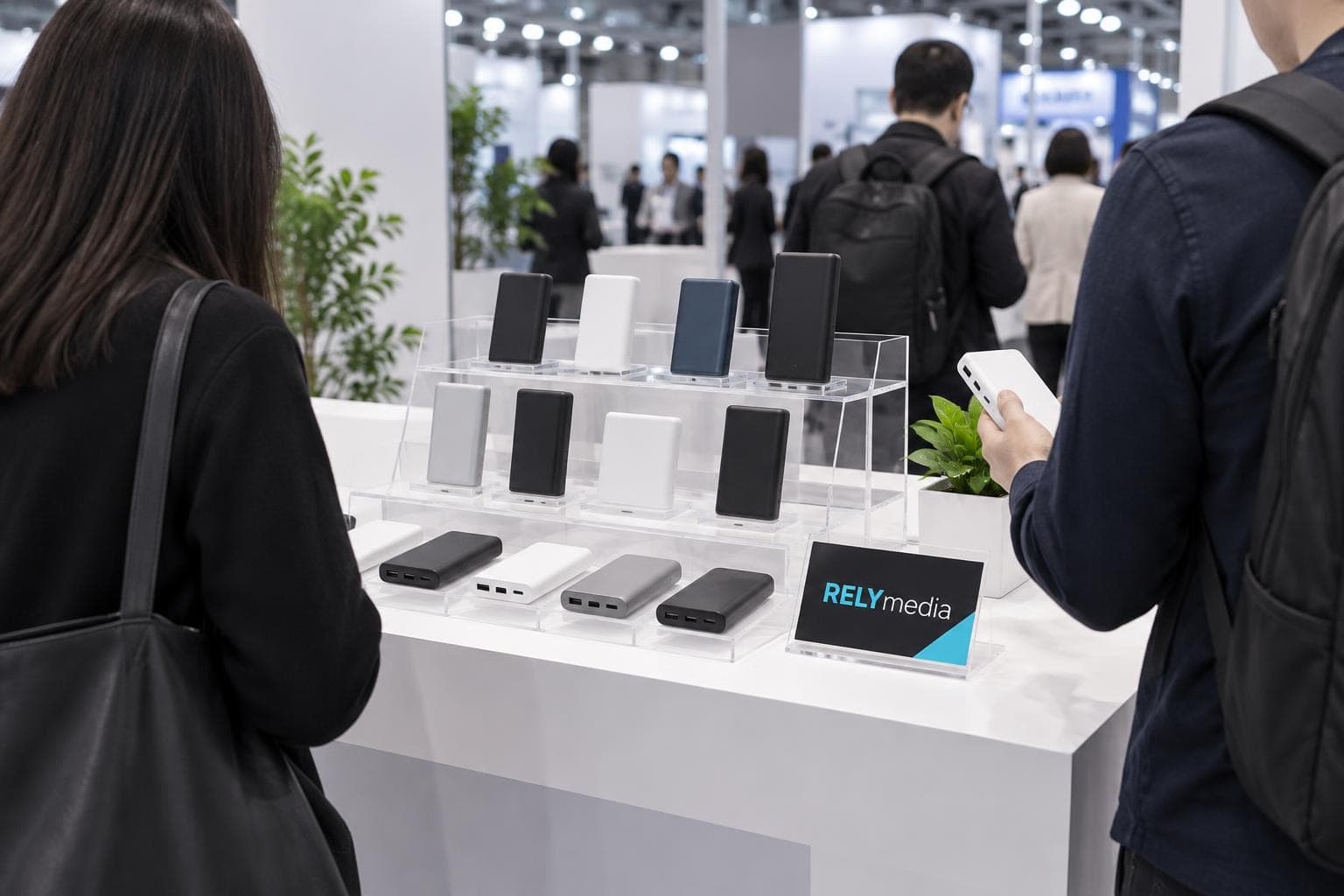 Power banks displayed at a trade show booth