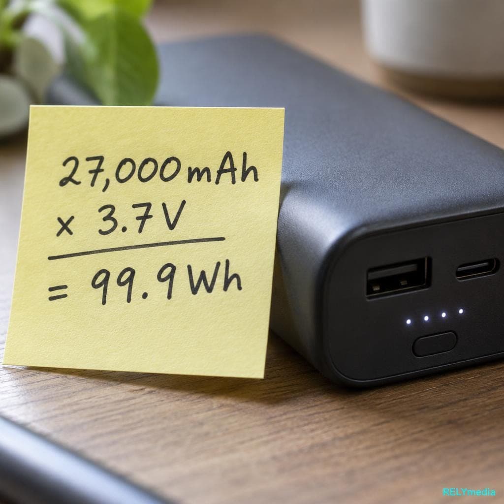 Sticky note with a watt-hour calculation beside a power bank