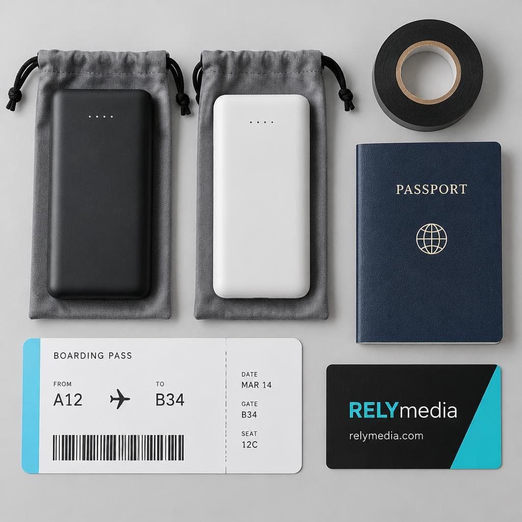 Flat lay of a power bank packed with travel essentials