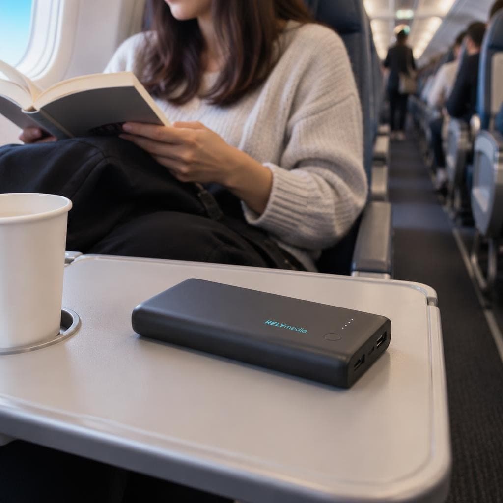 Power bank and phone on an airplane seat tray