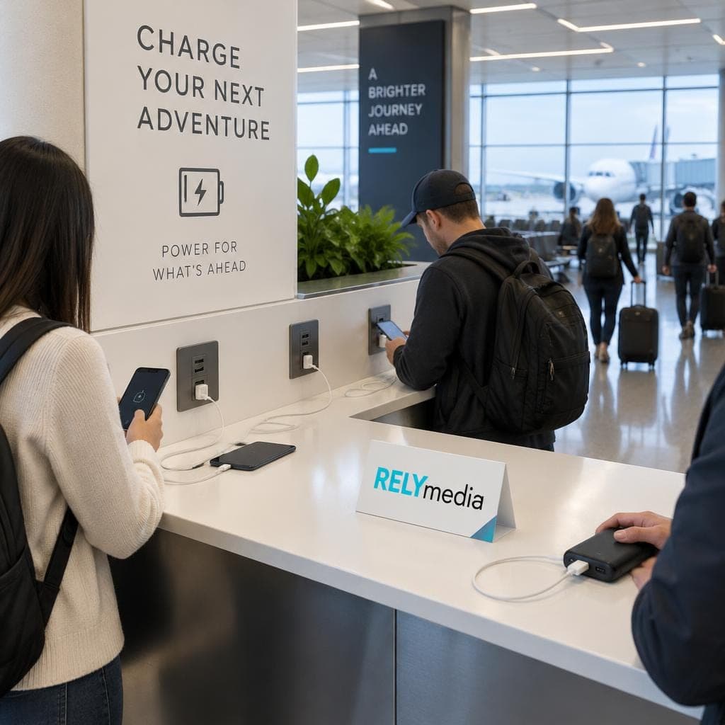 Travelers at an airport terminal charging station