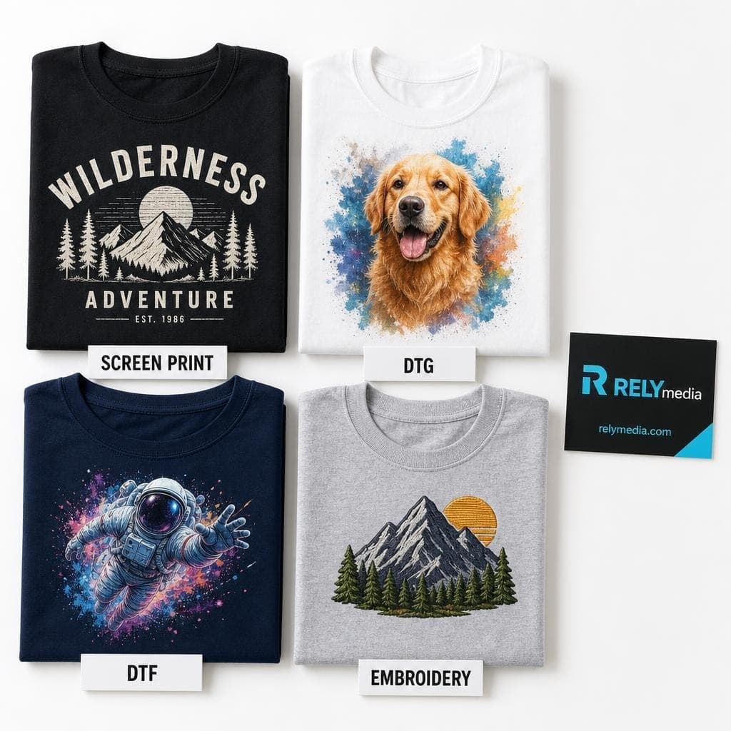 Flat lay comparing blank T-shirt fabrics and printing methods