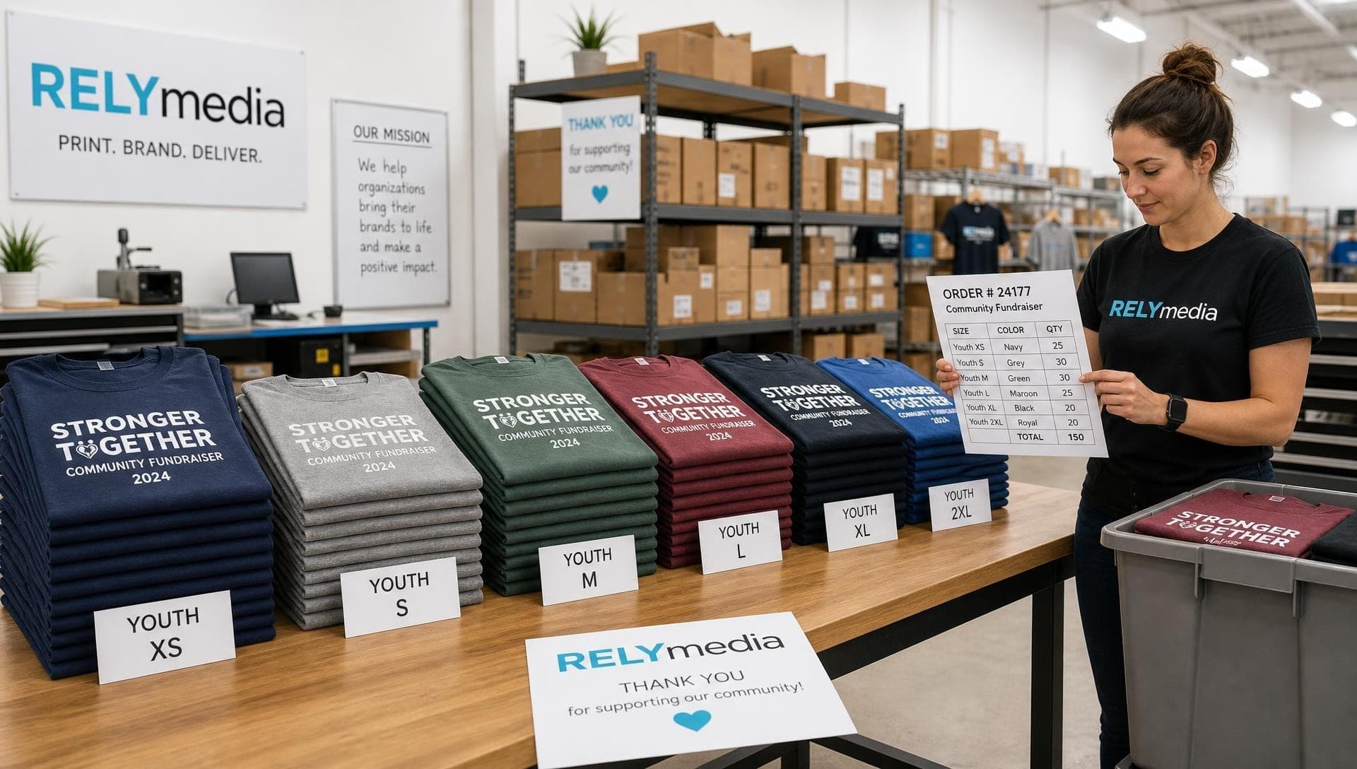 Fulfillment team packing a completed custom T-shirt order