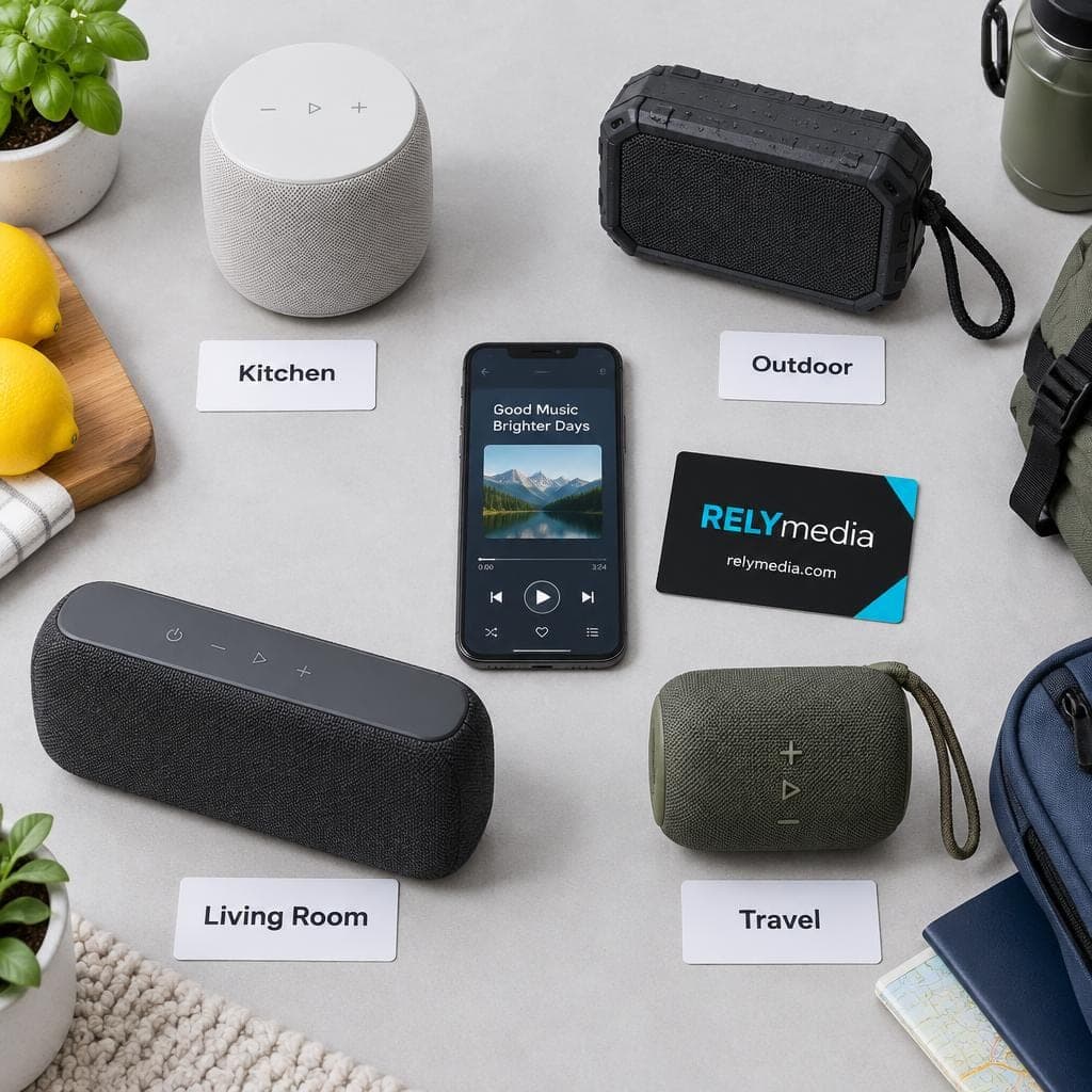 Flat lay of wireless speakers with everyday accessories