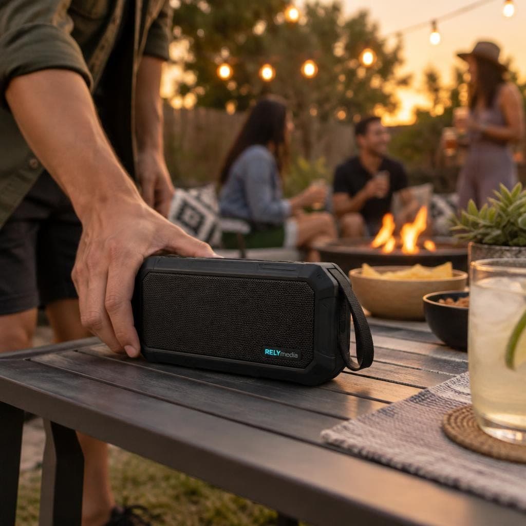 Friends gathered on a patio around a portable speaker