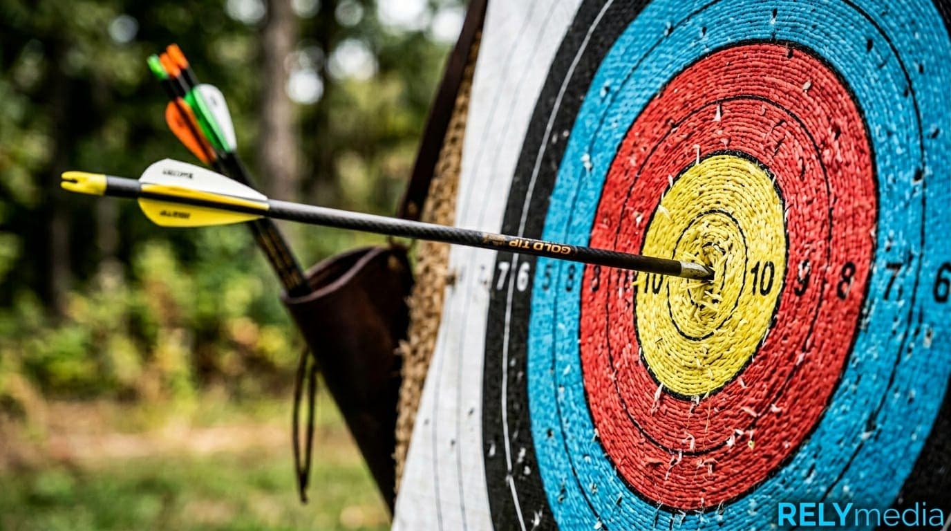 Archer aiming at bullseye target with perfect form