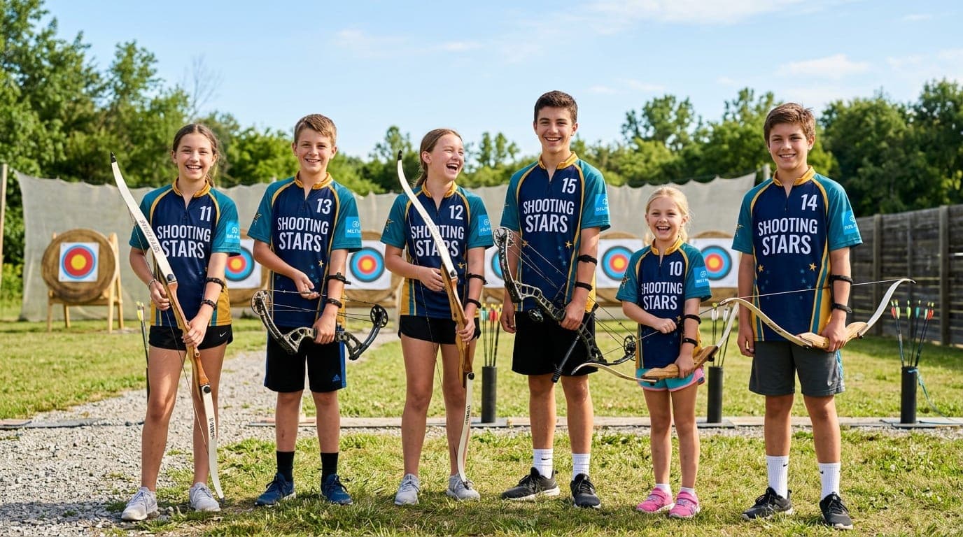 Youth archery class with instructor coaching young archers