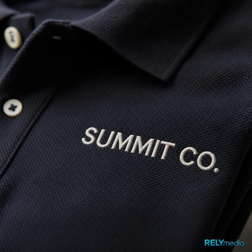 Close-up of embroidered logo on a custom polo shirt