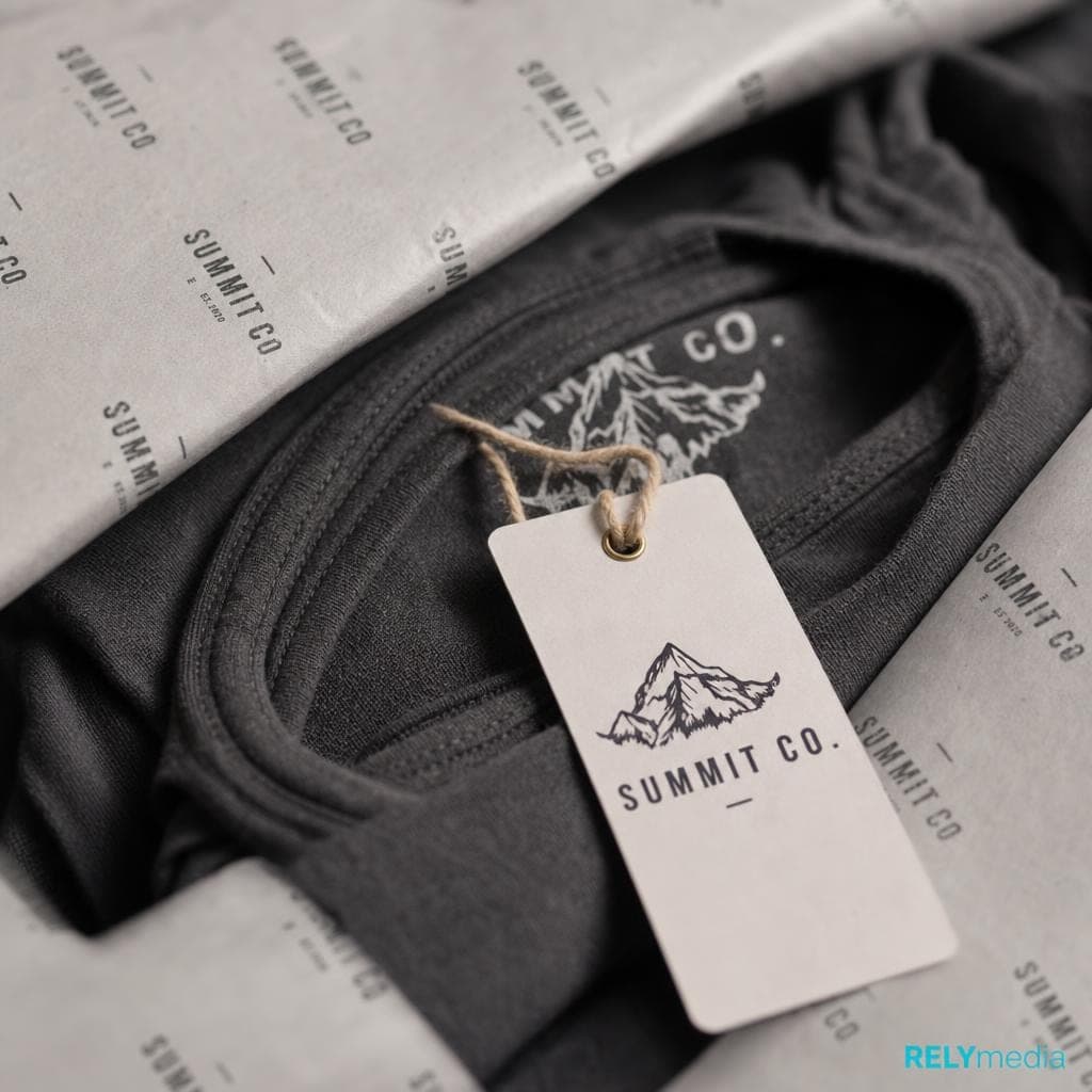Close-up of a custom branded hang tag on a t-shirt