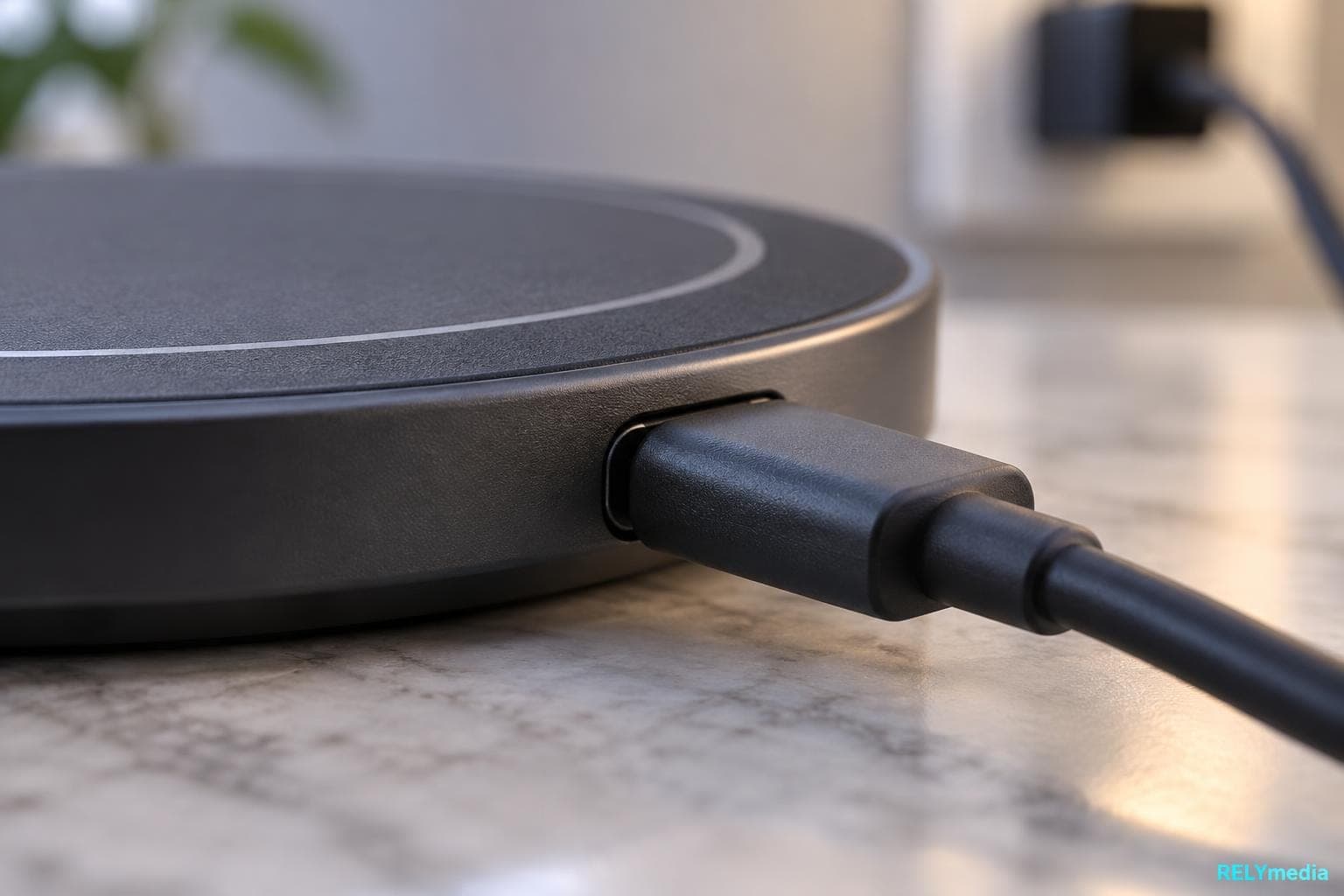Close-up of a USB-C cable plugged into a power bank