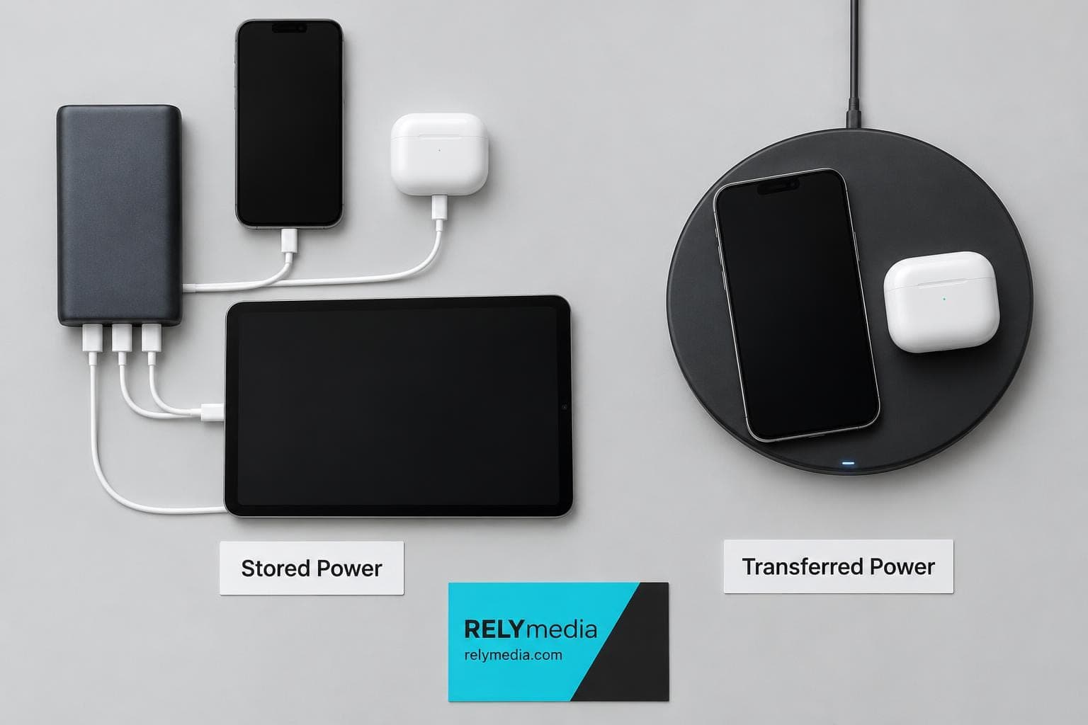 Flat lay of a power bank beside a wireless charging pad