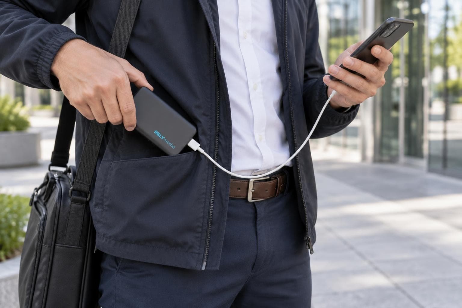 Field sales worker charging a phone from a power bank