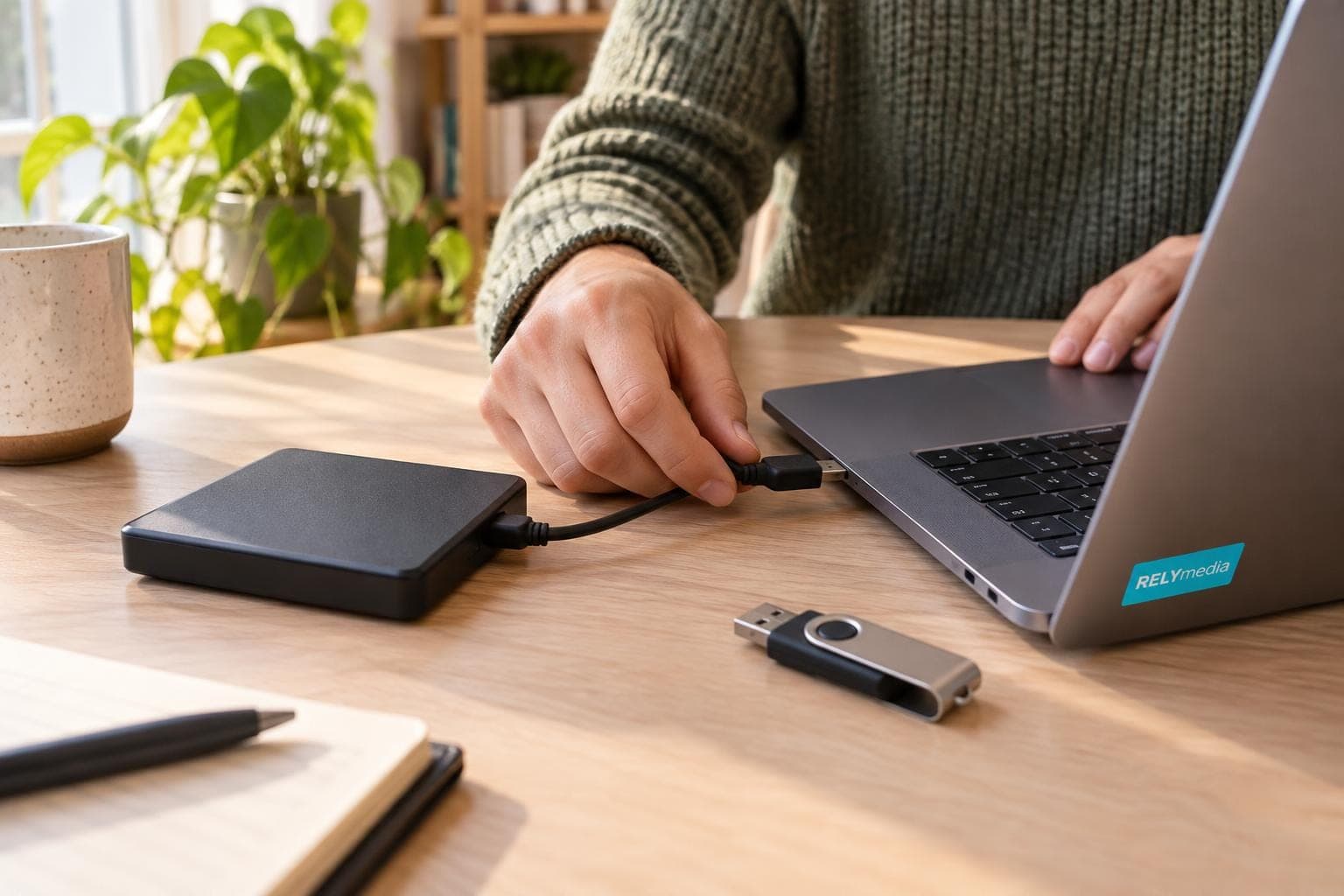 Person plugging a USB drive into a laptop port
